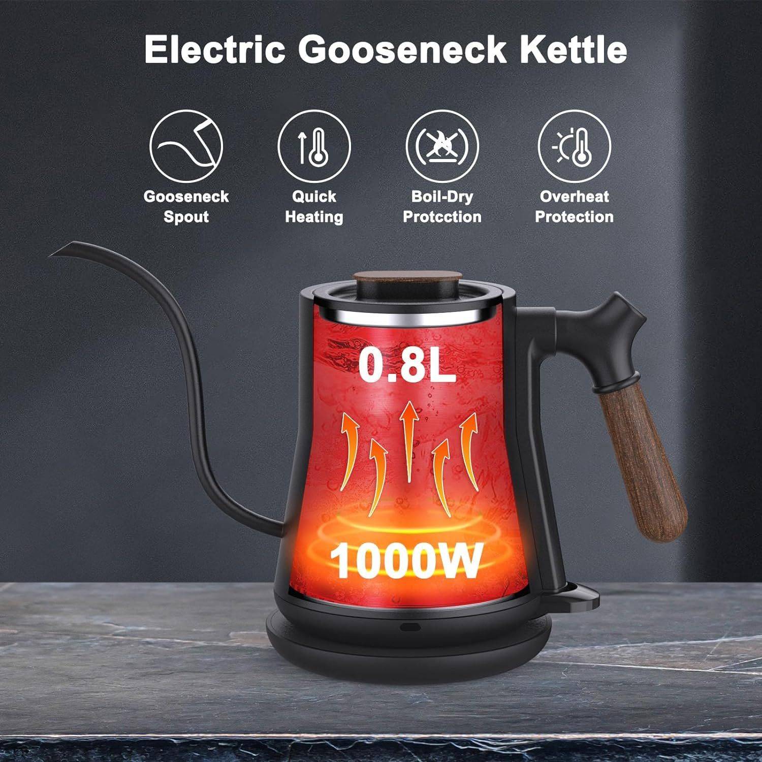 Gooseneck Electric Kettle for Pour Over Coffee with stainless steel body, leak-proof design, and auto shutoff feature. Ideal for precise brewing control.