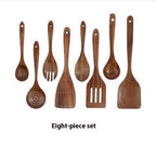 Teak wood kitchen utensil set from Thailand, featuring eight durable and eco-friendly spoons, ladles, and turners for cooking and serving.
