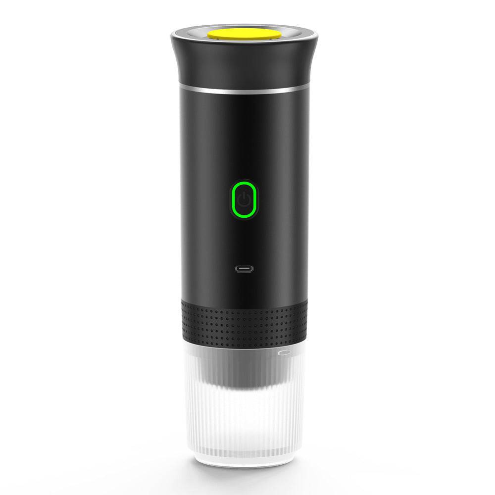 Compact and portable capsule coffee machine with a sleek black design, featuring a 60ml capacity and 2500mAh battery for on-the-go use.