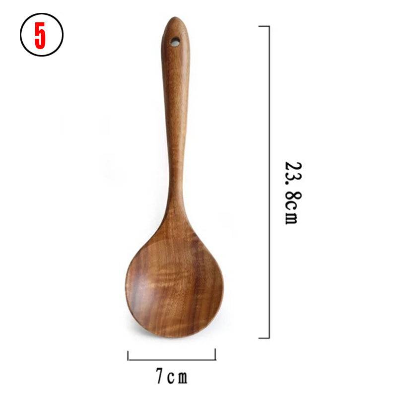 Teak wood kitchen ladle from Thailand, measuring 23.8 cm in length and 7 cm in width. Durable and eco-friendly, perfect for cooking and serving.