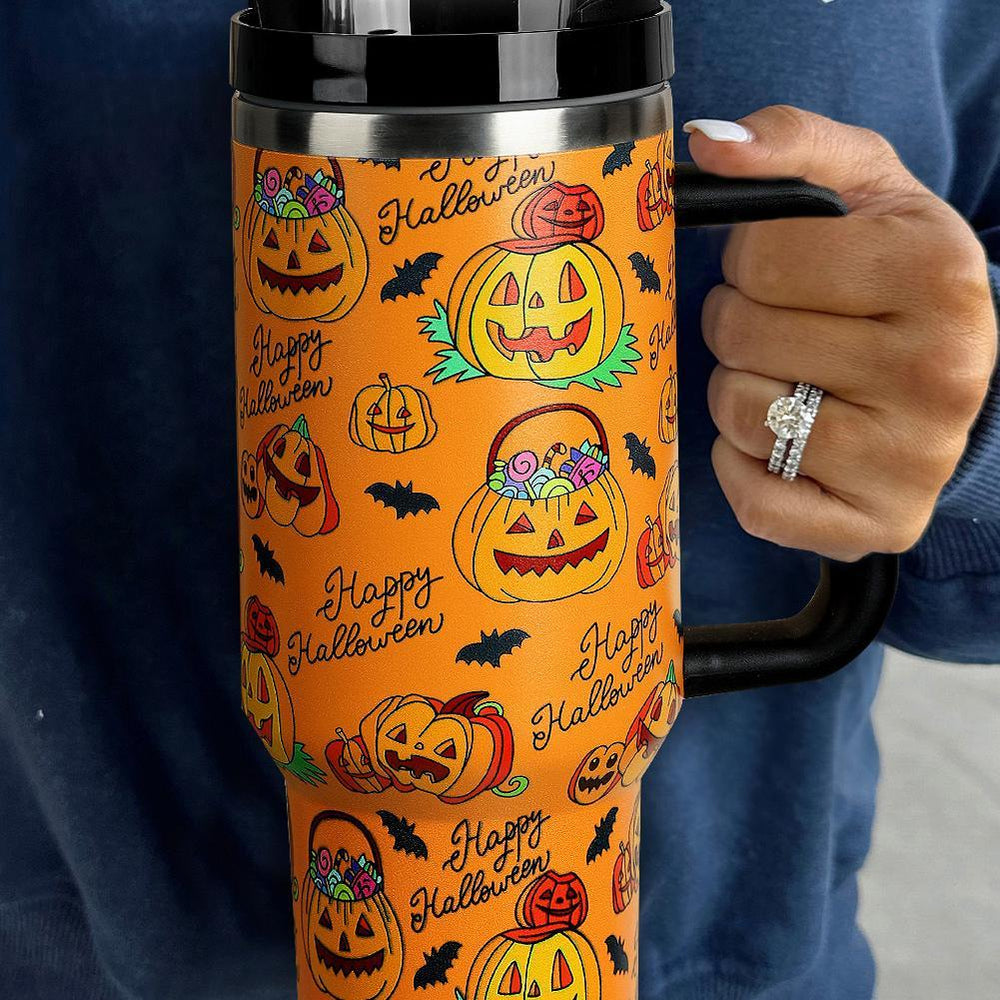 Large 1200ml thermal insulated water cup with straw, featuring a vibrant Halloween pumpkin design. Keeps drinks hot or cold for 24 hours.