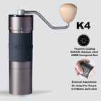 Portable Hand Crank Bean Grinder with titanium-coated SUS420 stainless steel 48mm hexagonal burr. Features external adjustment with 60 clicks per round for precise grinding.