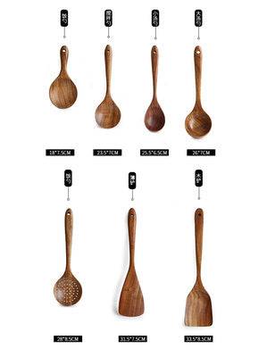 Teak wood kitchen set from Thailand featuring spoons, ladles, and turners. Durable and eco-friendly tableware for cooking and serving.