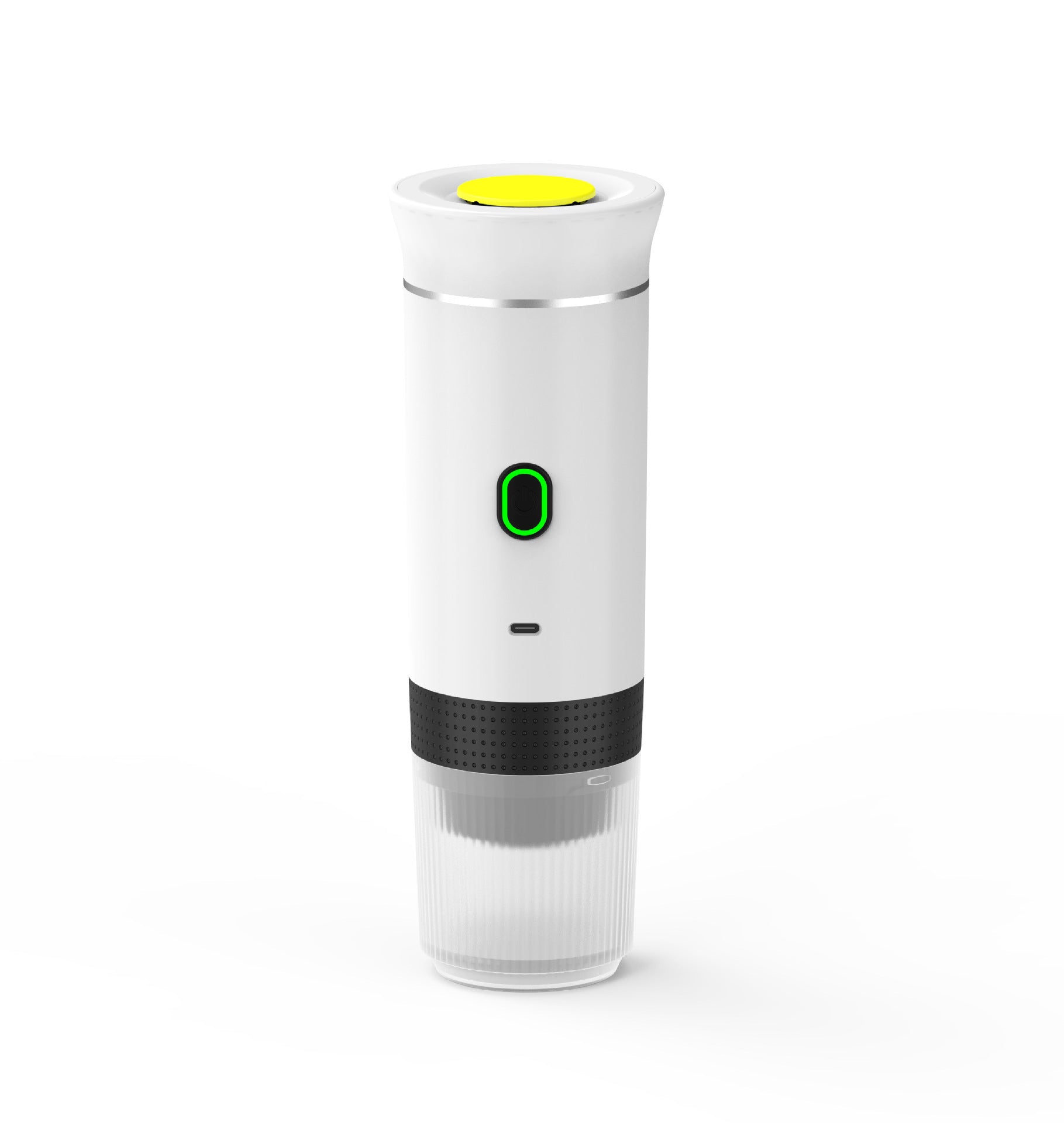 White portable capsule coffee machine with a modern design, featuring wireless heating and a compact build for easy travel use.