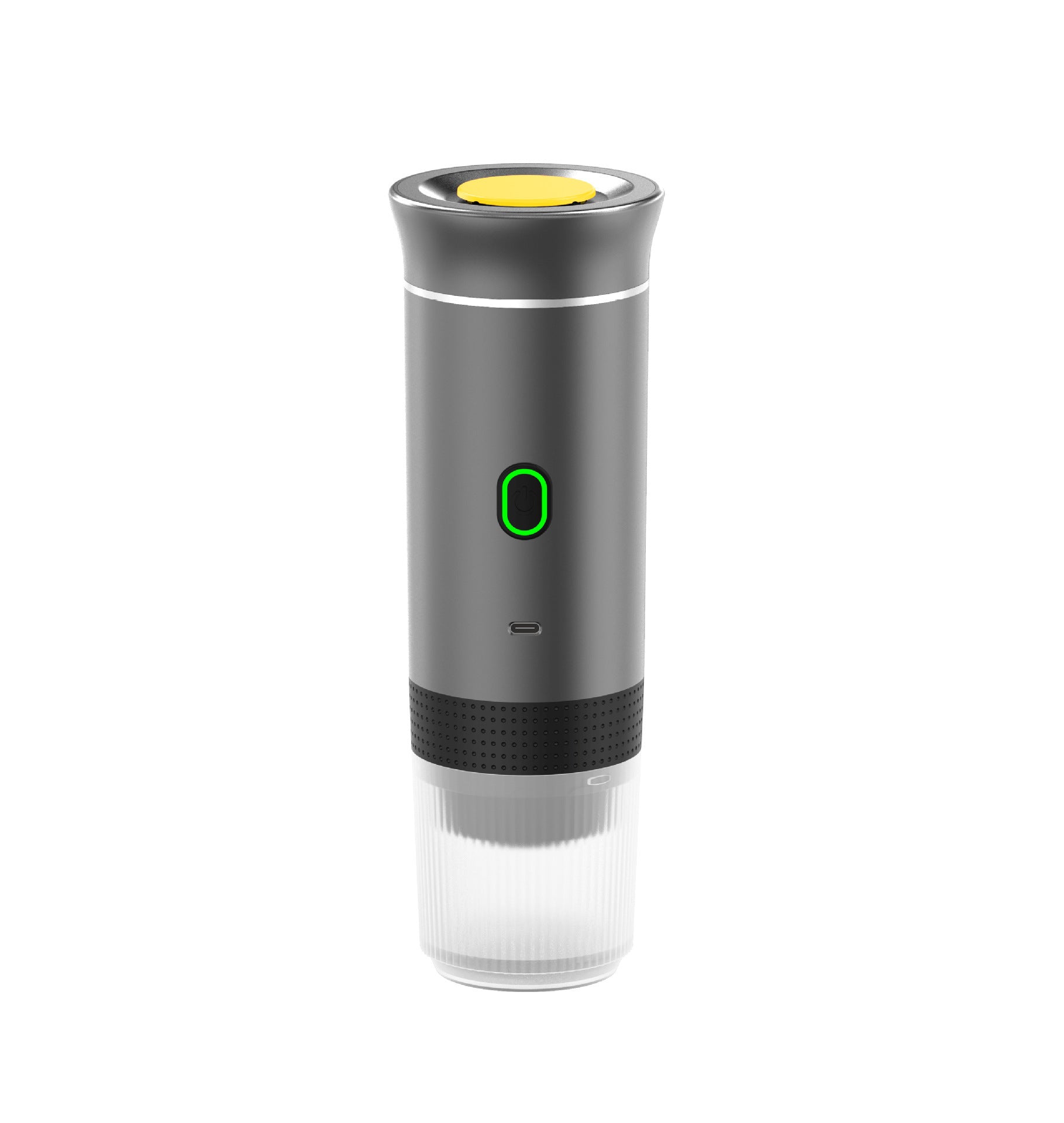 Gray variant of the portable capsule coffee machine, offering a stylish and functional design for coffee lovers on the move.