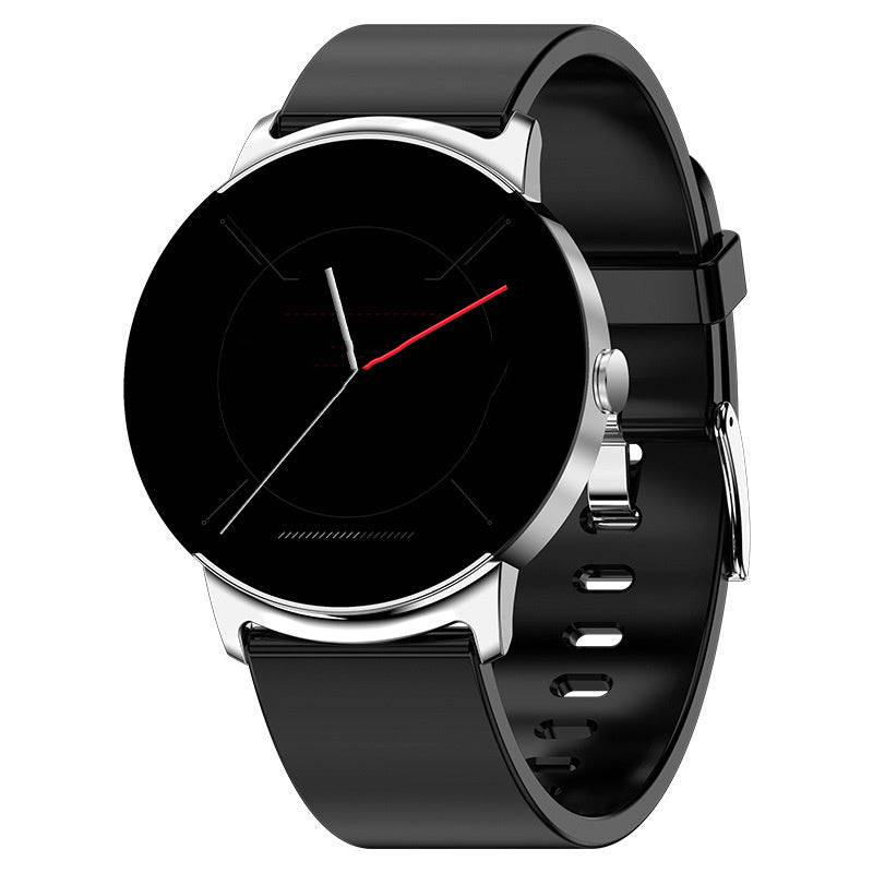 Elegant Blood Glucose ECG Smart Watch with a black strap, silver frame, and real-time health insights for tracking glucose levels and ECG data.