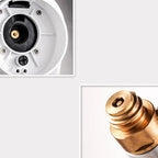 Close-up of a home soda dispenser sparkling machine's gas inlet and brass connector, showcasing durable ABS construction for carbonated drink making.