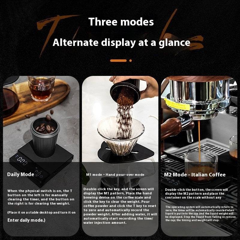 Smart coffee scale with high-precision 0.1g accuracy and built-in timer, compact and rechargeable, ideal for precise pour-over brewing at home or café.