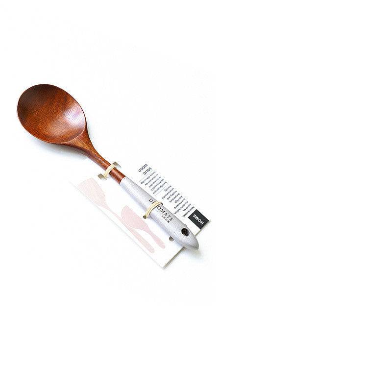 Teak lacquer kitchen utensil featuring a Japanese-style soup spoon with a smooth wooden finish. Durable, eco-friendly, and perfect for daily cooking.