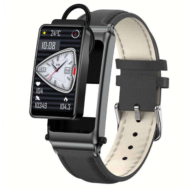 Smart Blood Glucose Watch with non-invasive monitoring, stylish black leather band, and detachable display. Features heart rate tracking and NFC support.