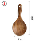 Teak wood kitchen spatula, 18cm long and 8cm wide, crafted from natural Thai teak. Ideal for cooking and serving, durable and eco-friendly.