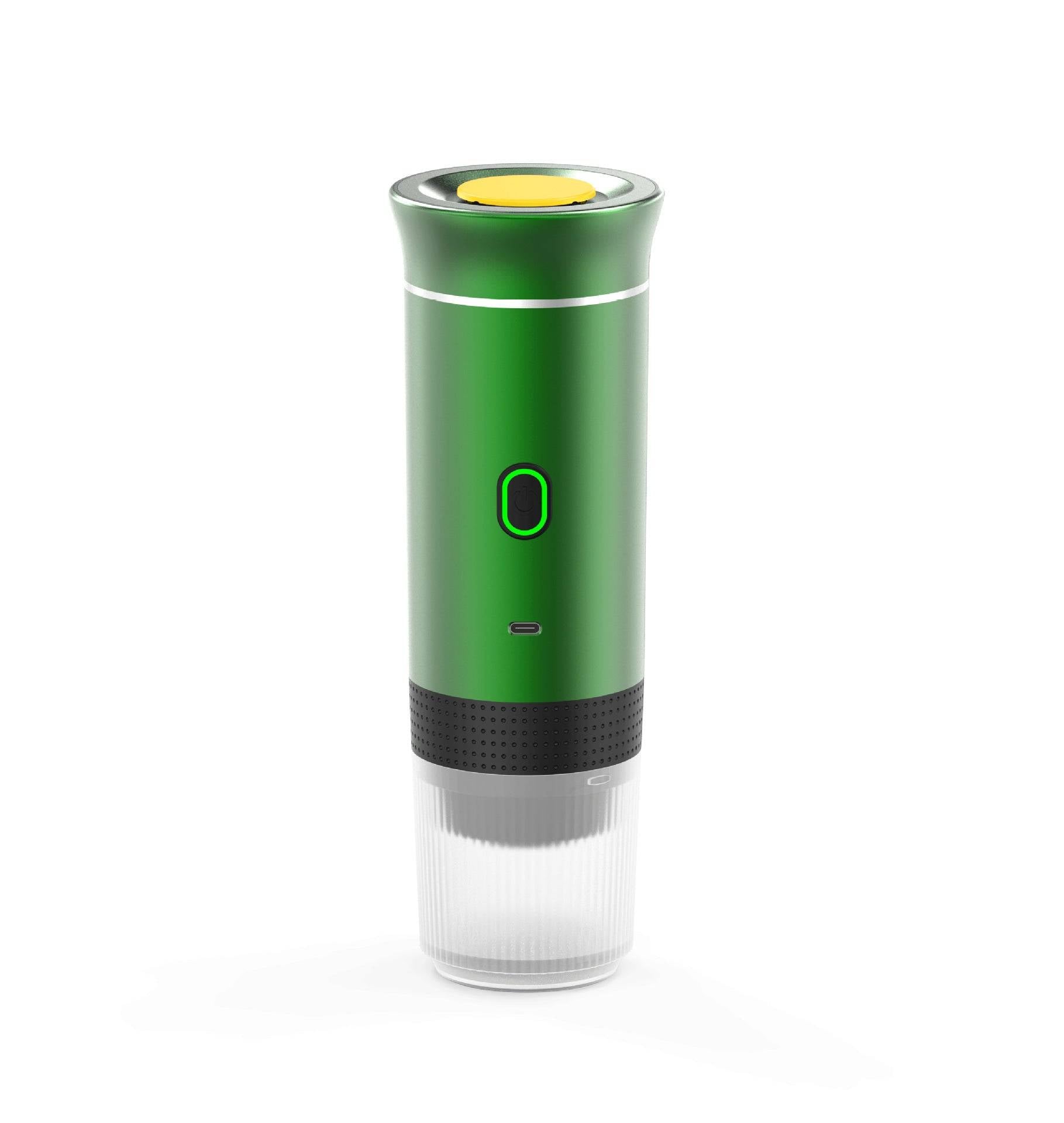Green portable capsule coffee machine with a sleek design, ideal for making fresh coffee anywhere with its wireless heating feature.