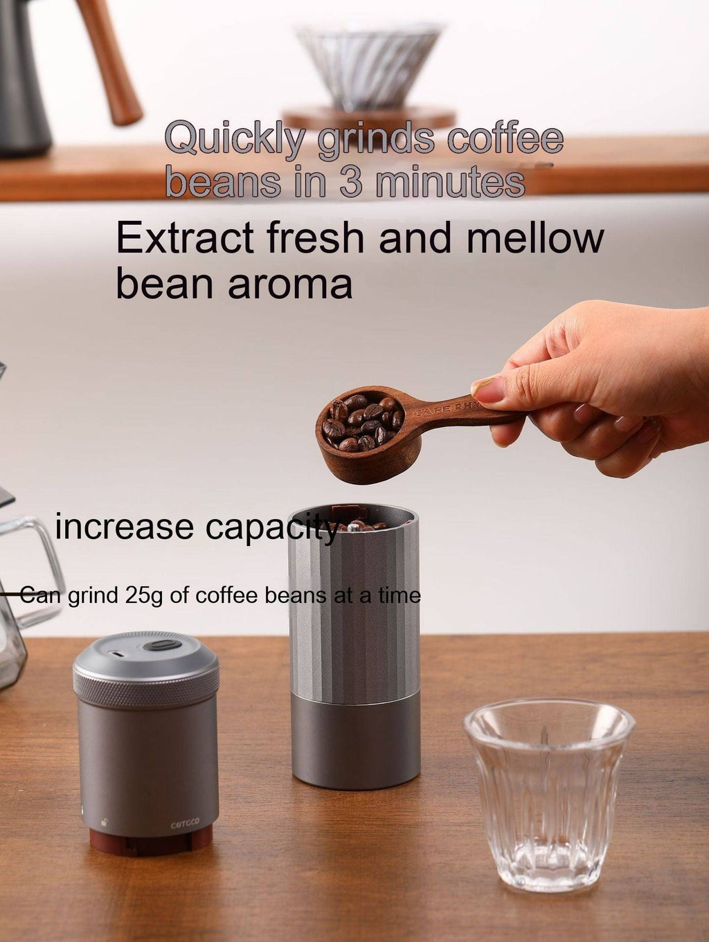 Portable Wireless Bean Grinder in use, grinding coffee beans in three minutes. USB charging and 25g capacity for fresh coffee aroma.