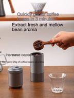 Portable Wireless Bean Grinder in use, grinding coffee beans in three minutes. USB charging and 25g capacity for fresh coffee aroma.