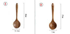 Two wooden kitchen utensils, a slotted spoon and a ladle, with size measurements displayed