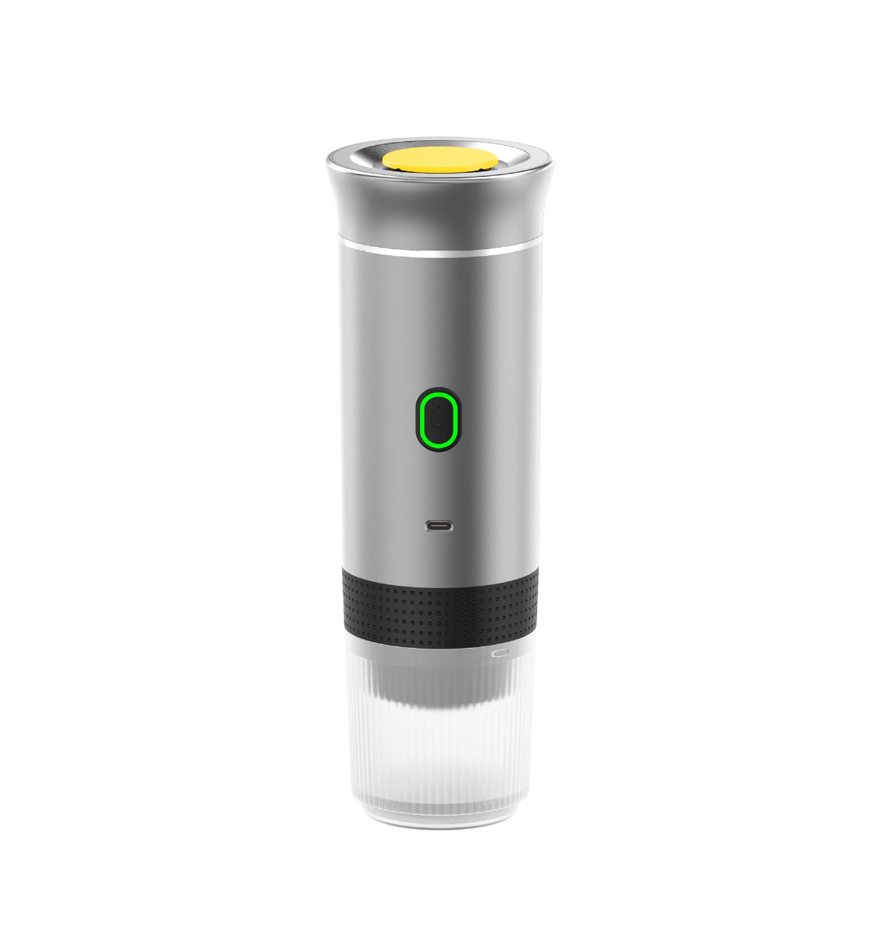 Silver portable capsule coffee machine with a rechargeable battery, designed for convenient and efficient coffee brewing on the go.