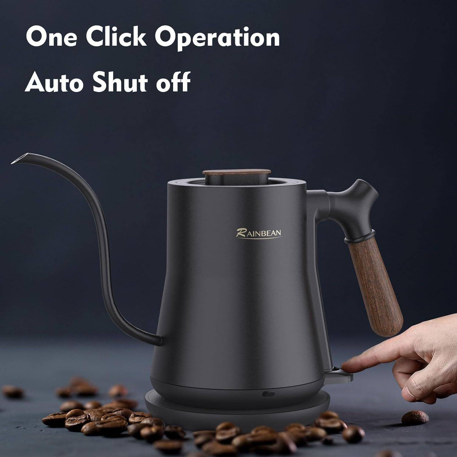 Gooseneck Electric Kettle for Pour Over Coffee with stainless steel body, leak-proof design, and auto shutoff feature. Ideal for precise brewing control.