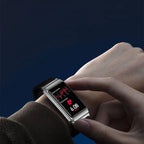 Smart Blood Glucose Watch with non-invasive testing, stylish black band, and touch display. Features heart rate monitoring, NFC, and waterproof design.