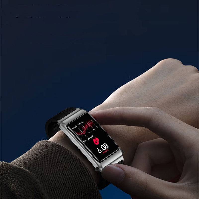 Smart Blood Glucose Watch with non-invasive testing, stylish black band, and touch display. Features heart rate monitoring, NFC, and waterproof design.