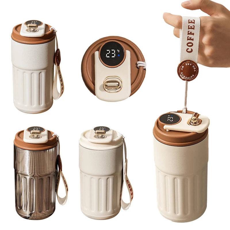 Collection of smart digital thermal bottles in various colors, 450ml. Features a temperature display and insulated stainless steel body for convenience.