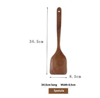 Wooden kitchen spatula, 34.5cm long, 8.5cm wide, shown on white background with measurements.