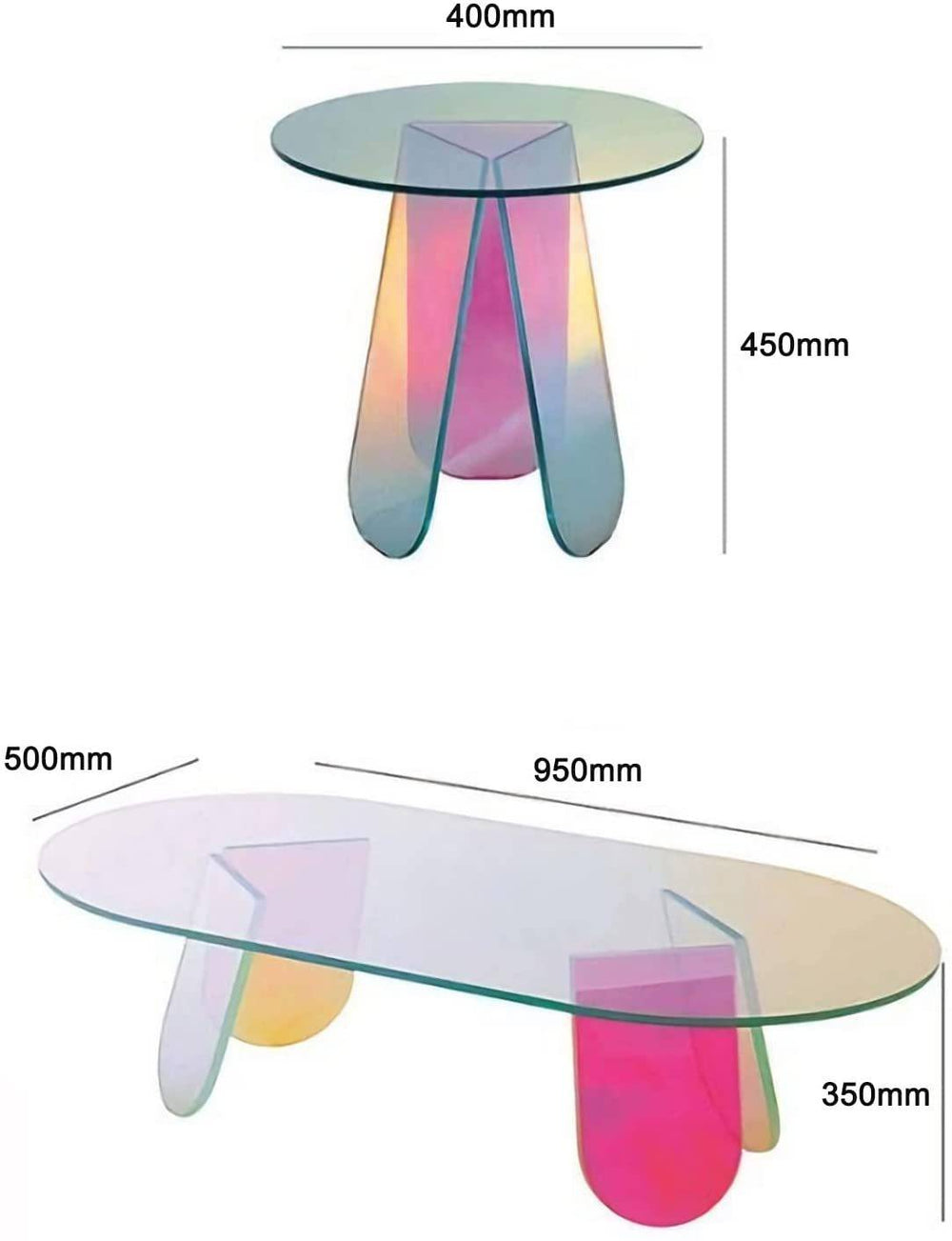 Acrylic rainbow color coffee table with an iridescent round glass top and modern accent design. Perfect as a stylish side or end table for living spaces.