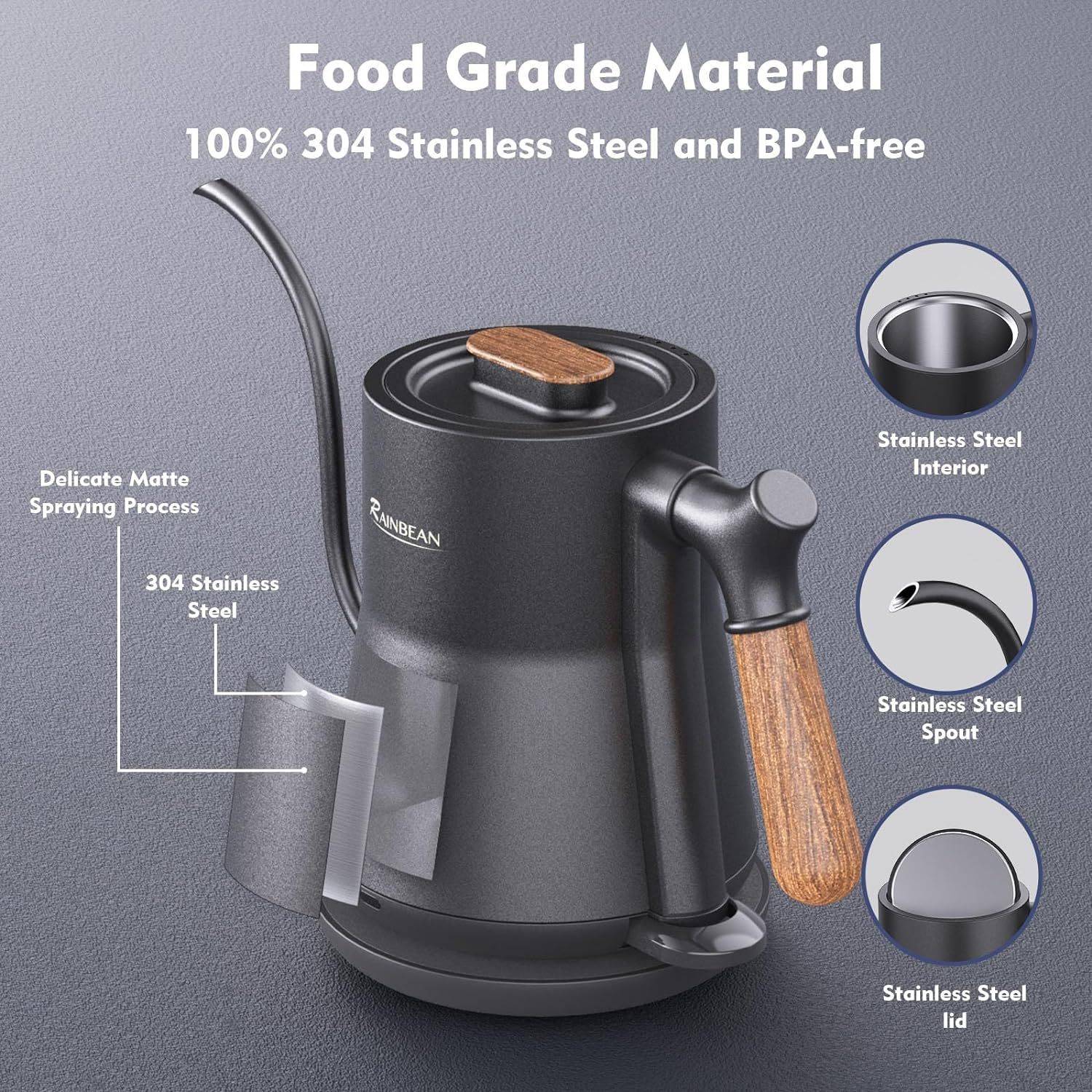 Gooseneck Electric Kettle for Pour Over Coffee with stainless steel body, leak-proof design, and auto shutoff feature. Ideal for precise brewing control.