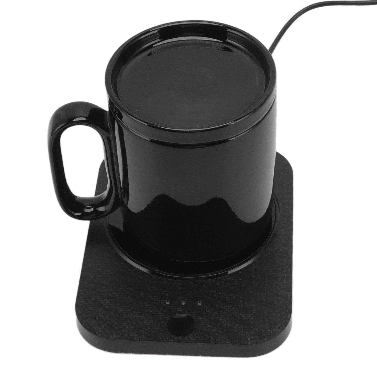 Smart Mug Warmer with 3-gear control, USB-powered heating coaster in black, keeping a milk cup warm. Ideal for home and office use.