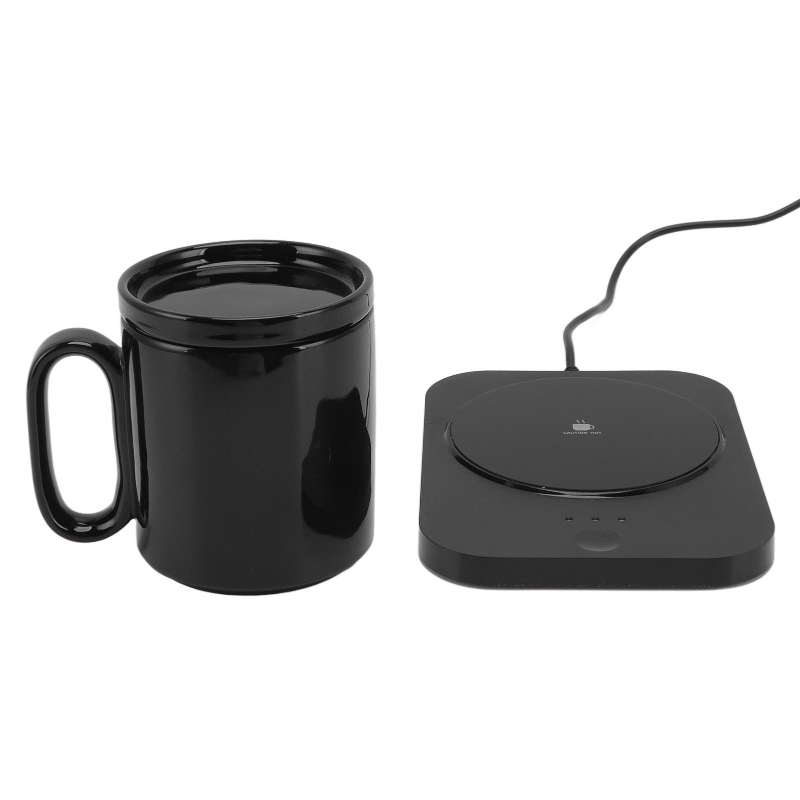 Smart Mug Warmer with 3-gear control, USB-powered heating coaster in black. Includes a matching black mug and lid for optimal insulation.
