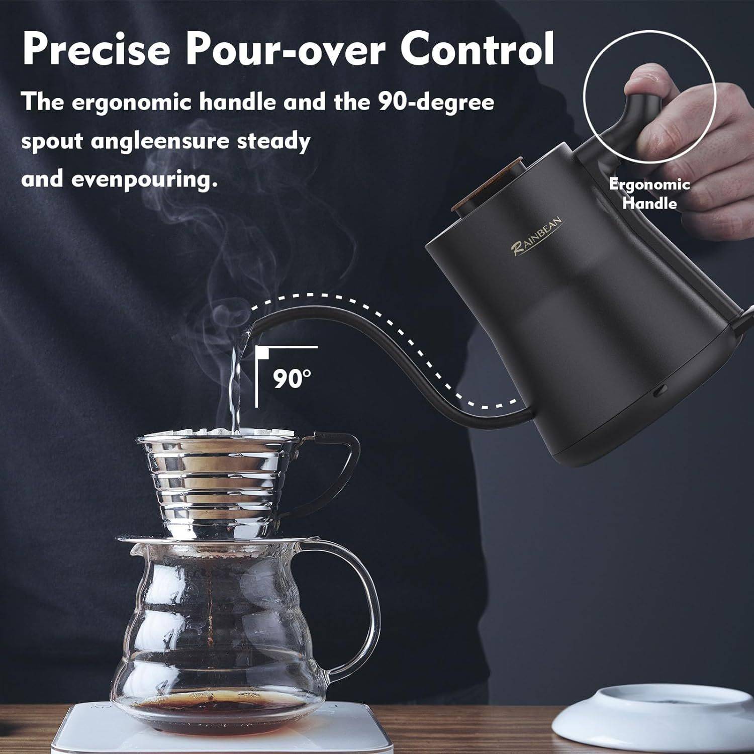 Gooseneck Electric Kettle for Pour Over Coffee with stainless steel body, leak-proof design, and auto shutoff feature. Ideal for precise brewing control.