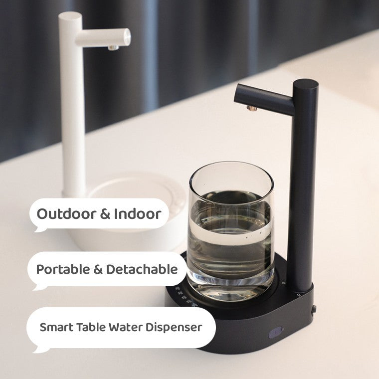 Automatic water bottle dispenser with a sleek black design, dispensing water into a glass. Portable, rechargeable, and ideal for home or outdoor use.