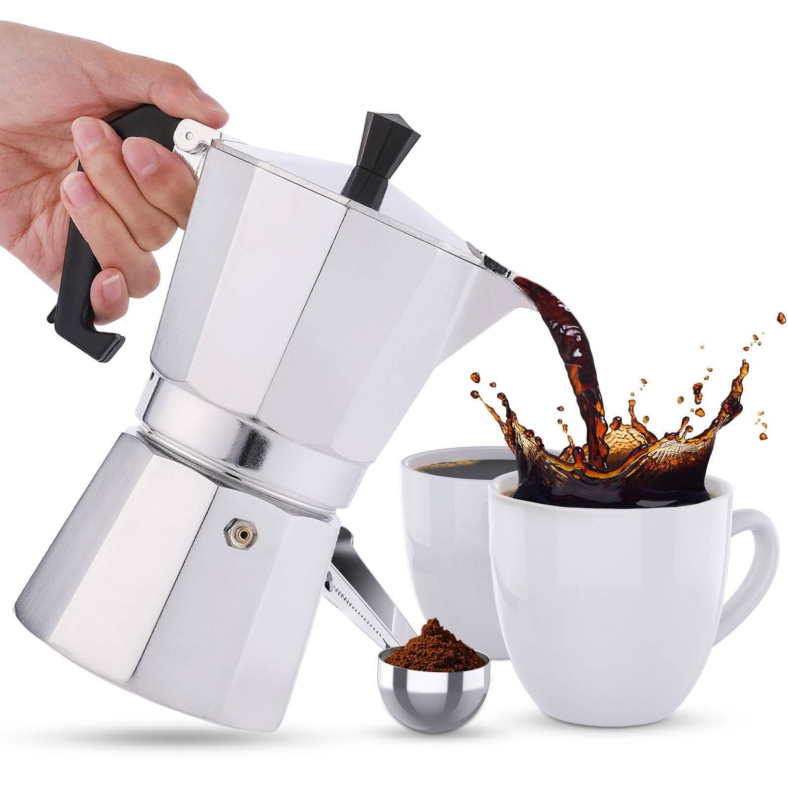 RAINBEAN Stovetop Espresso Maker brewing rich coffee into a white cup. Classic Italian Moka pot design with durable aluminum body for 3 cups.