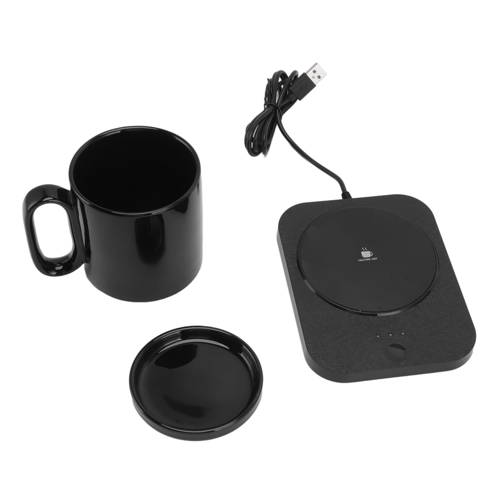 Smart Mug Warmer with 3-gear control, USB-powered heating coaster in black, designed for milk cup insulation and coffee warming.