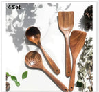 Teak wood kitchen set from Thailand featuring four natural wooden utensils: spoon, ladle, turner, and slotted spoon. Durable and eco-friendly for cooking and serving.