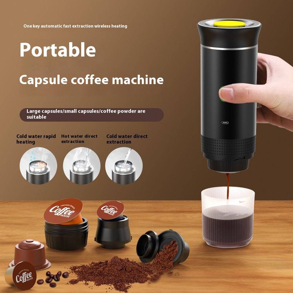 Portable capsule coffee machine with wireless heating, featuring large and small capsule compatibility for quick coffee extraction.