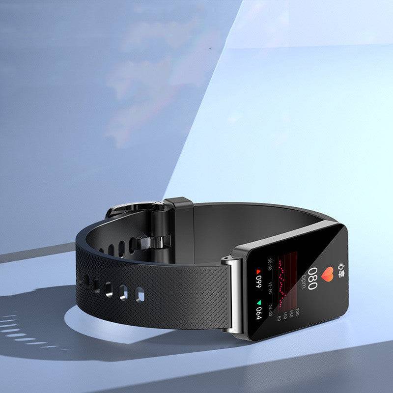 Blood Glucose Smart Bracelet EP08 for Android with a sleek black TPU strap and USB magnetic charging. Features real-time glucose and ECG monitoring.