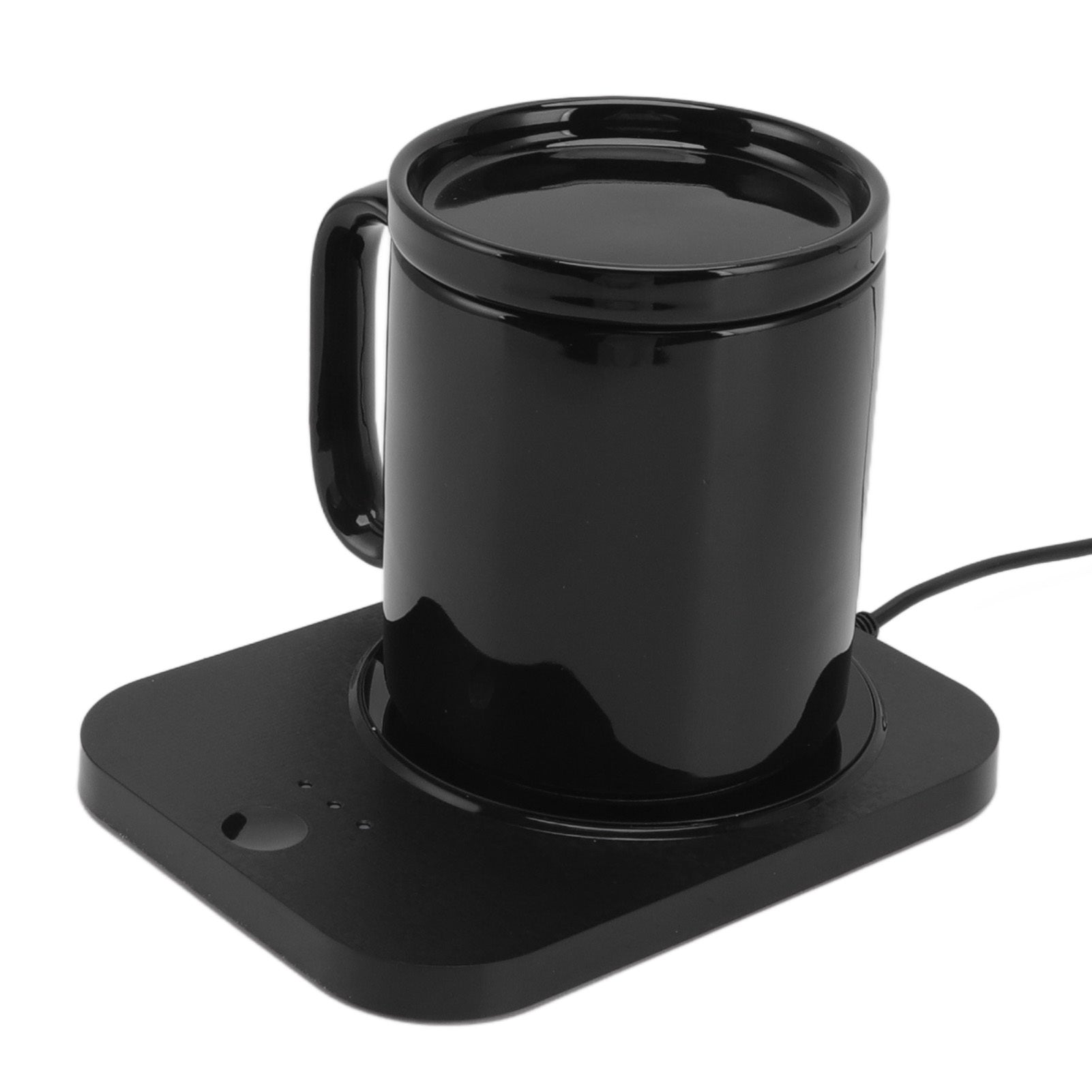 Smart Mug Warmer with 3-gear control, USB-powered heating coaster in black, designed for milk cup insulation and coffee warming.