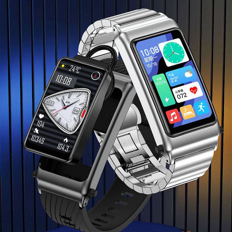 Smart Blood Glucose Watch with non-invasive testing, stylish metal wristband, and health monitoring features. Waterproof design with heart rate and NFC support.
