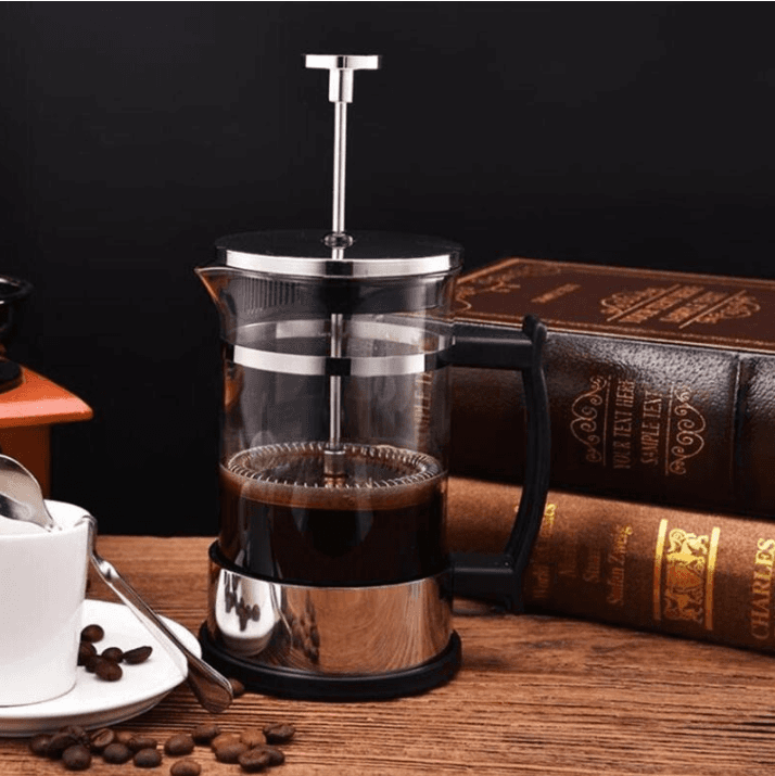 French press coffee maker with borosilicate glass carafe, stainless steel plunger, fine mesh filter, and handle
