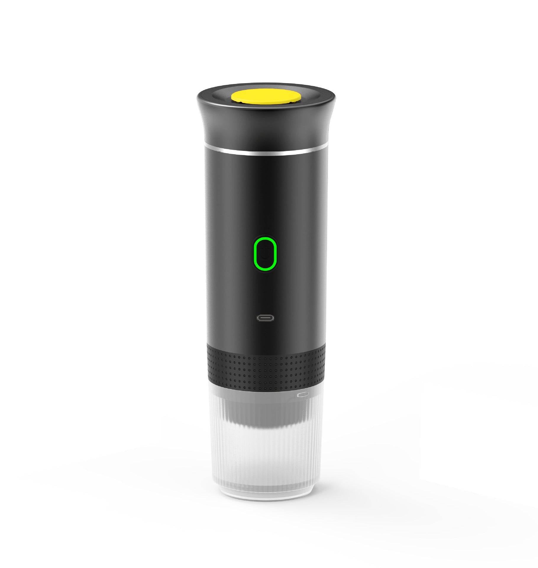 Black portable capsule coffee machine with a modern design, featuring a rechargeable battery and efficient brewing system.