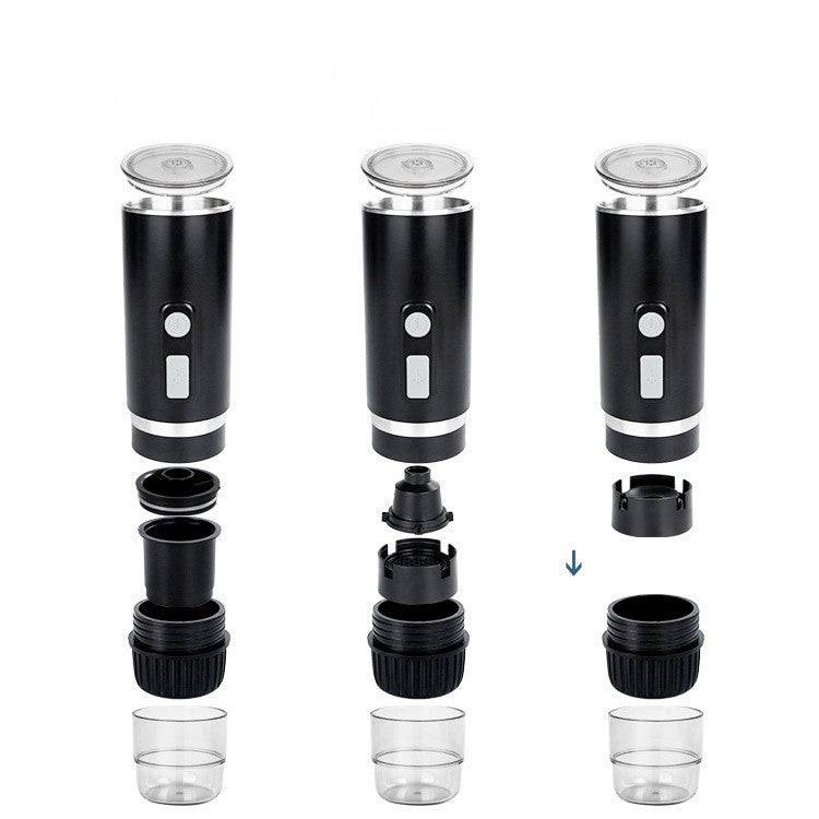 Portable espresso coffee machine with automatic capsule operation, black design, and detachable components. Features a pump pressure system and 0.5L water tank.