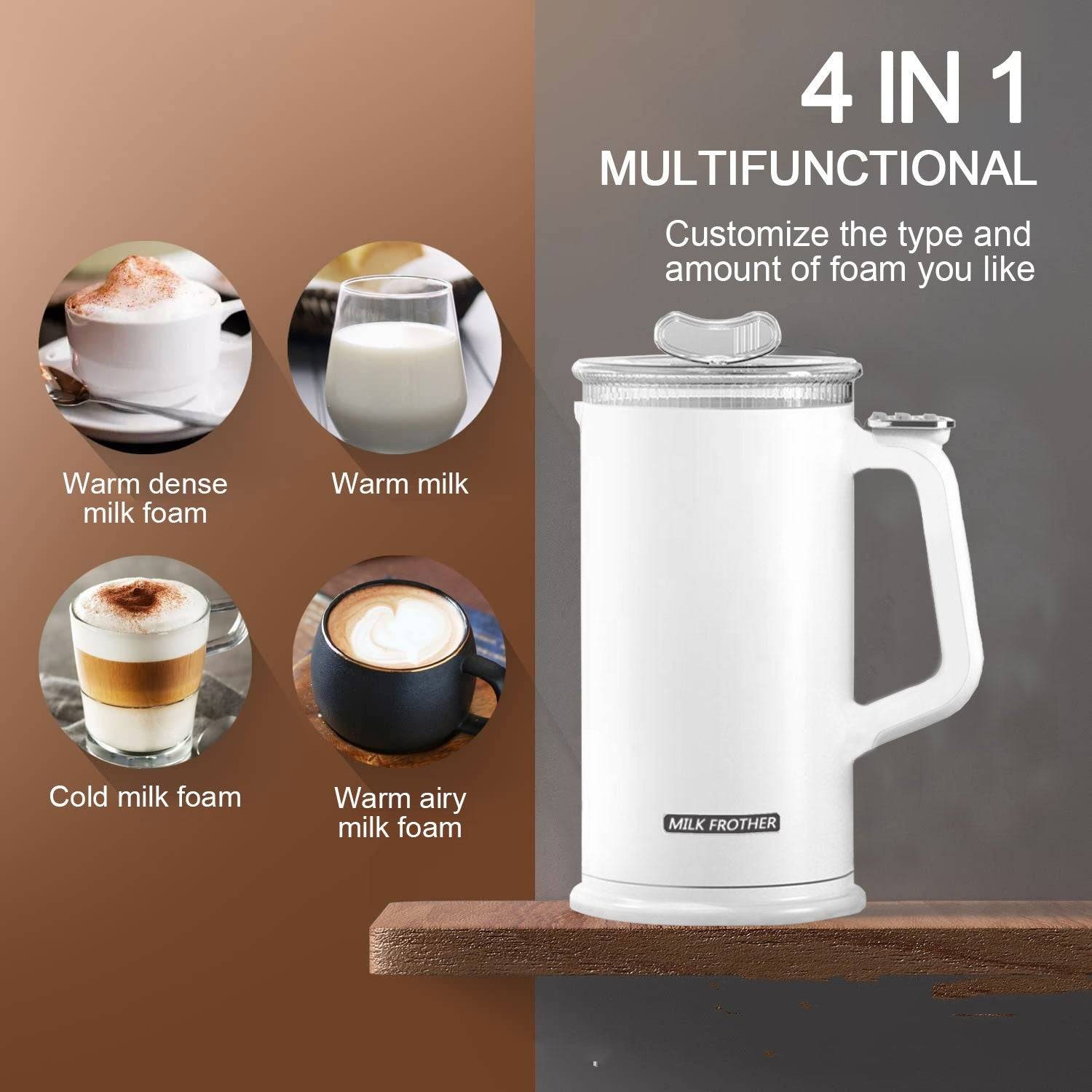 White milk frother with images of different types of foam and text on a brown and gray background