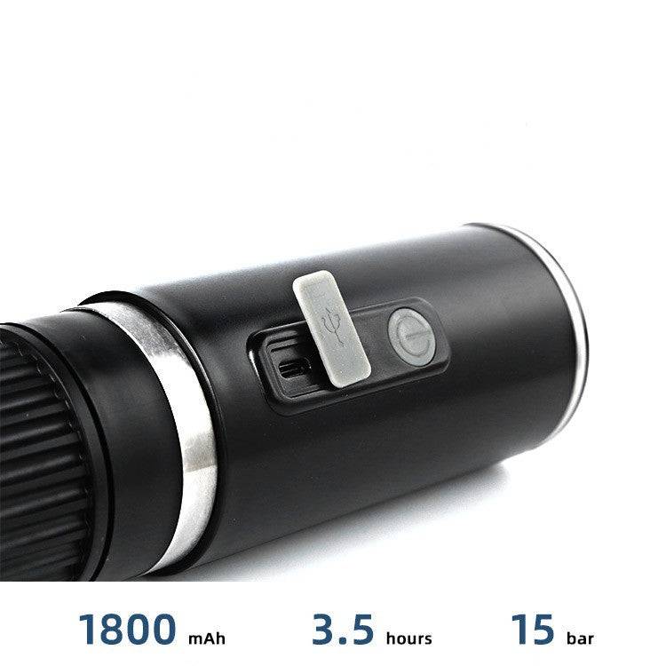 Portable espresso coffee machine with automatic capsule operation, sleek black design, and compact size. Ideal for home, office, or travel use.