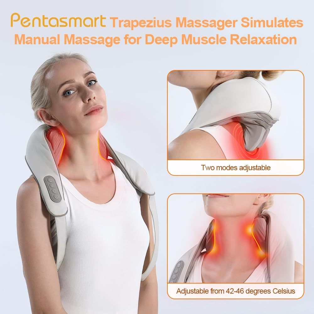 Neck Shoulder Back Massager with Heat - Shiatsu Massager, Rechargeable, Hands-Free Design