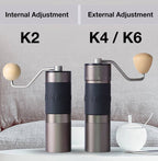 Portable hand crank coffee grinder with adjustable burrs, featuring internal adjustment (K2) and external adjustment (K4/K6) for precise grinding control.