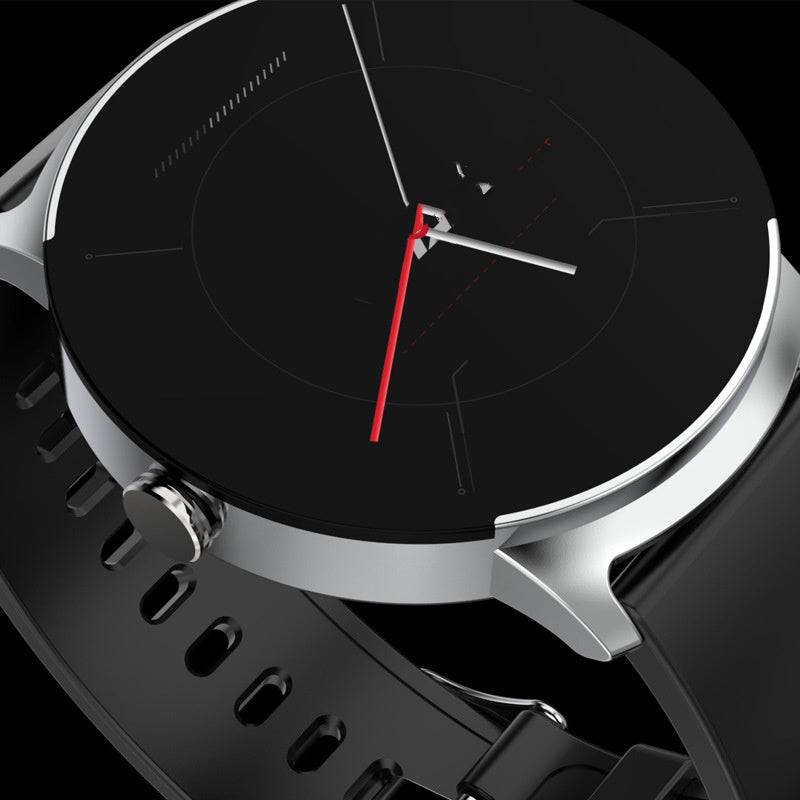 Close-up of Blood Glucose ECG Smart Watch showcasing a sleek black design, precision dial, and biometric monitoring for fitness and health tracking.