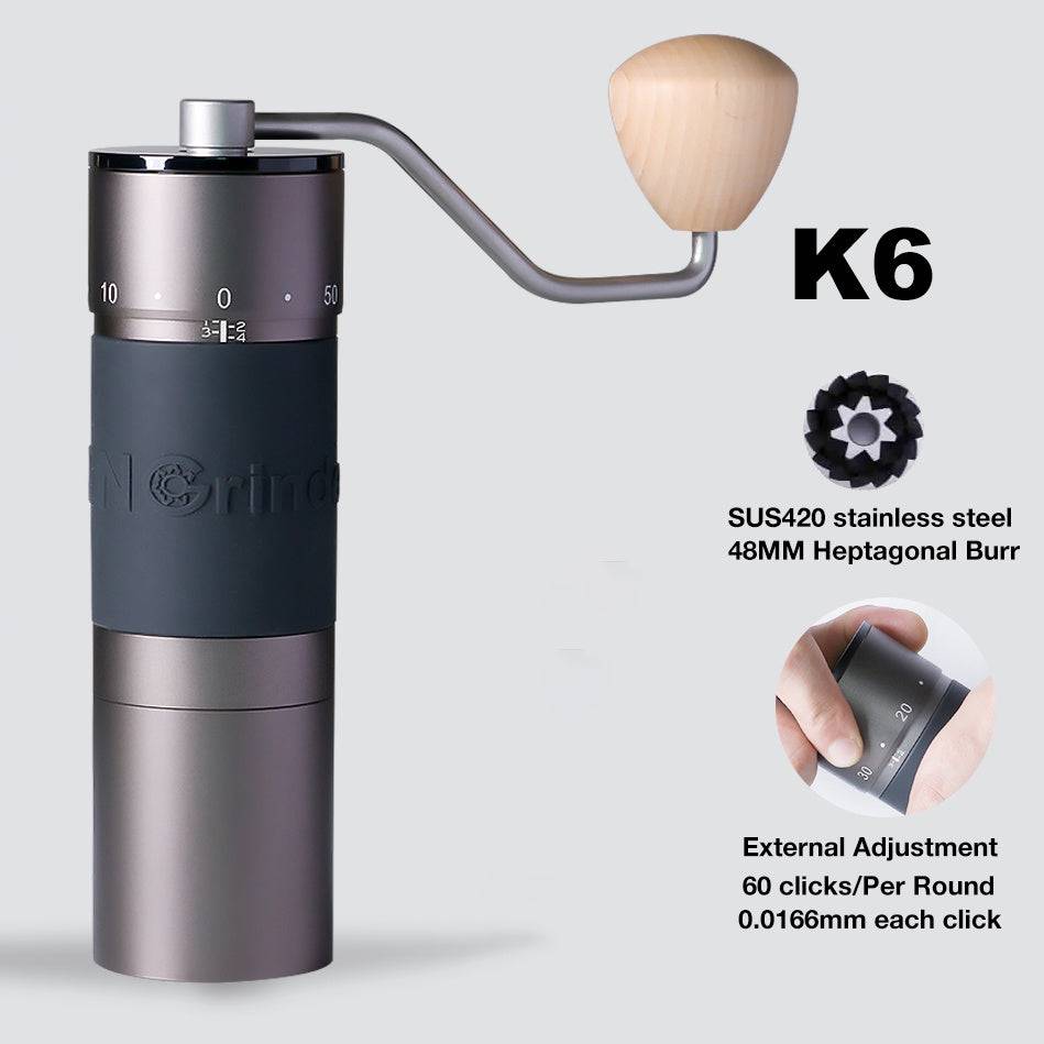 Portable Hand Crank Bean Grinder with titanium-coated SUS420 stainless steel 48mm hexagonal burr. Features external adjustment with 60 clicks per round for precise grinding.