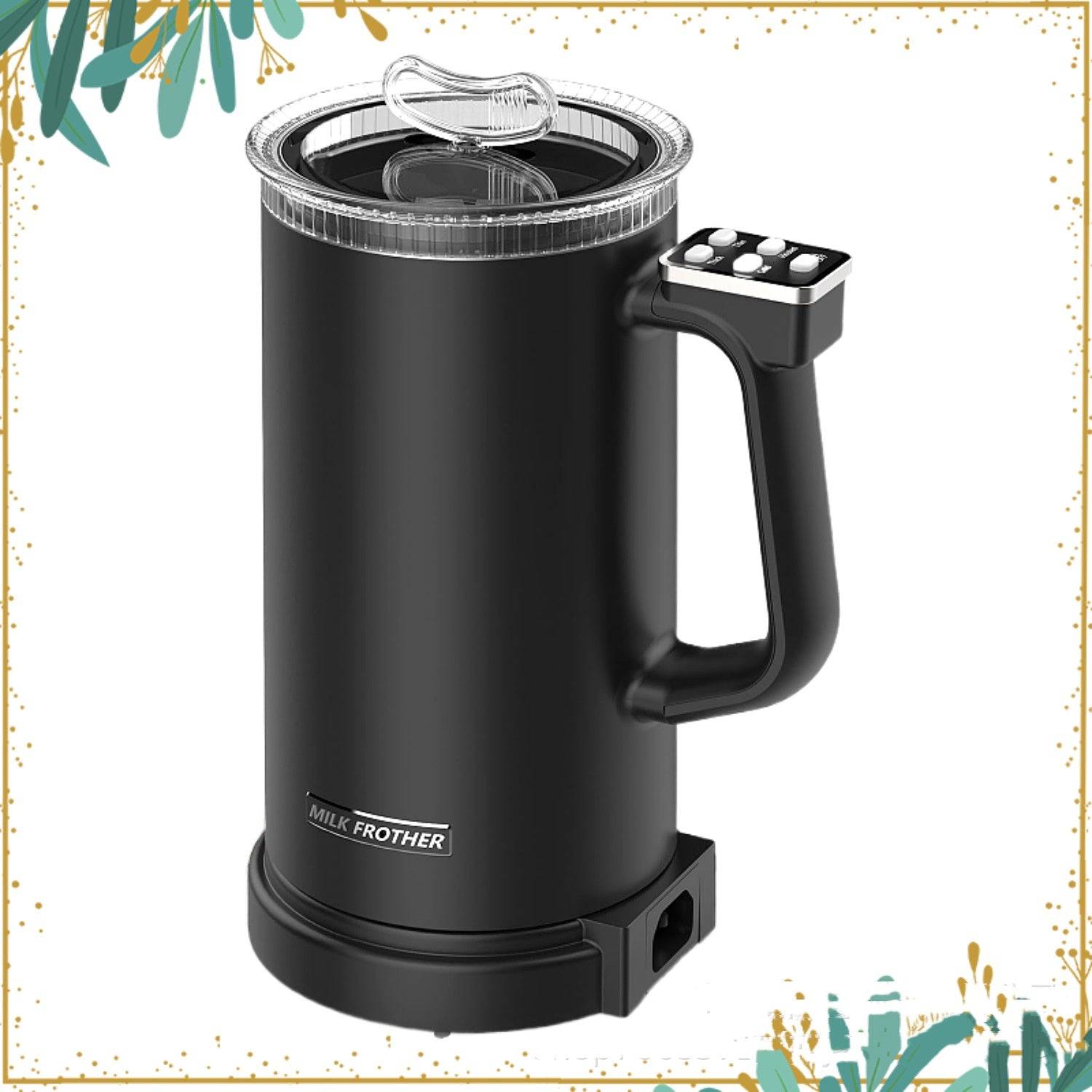 Black milk frother with 'Milk Brother' branding on a white background