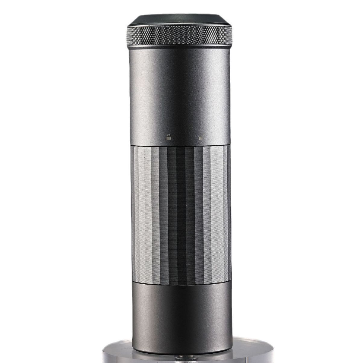 Close-up of Portable Wireless Bean Grinder standing upright. Features a sleek, modern design with USB charging for convenient coffee grinding.