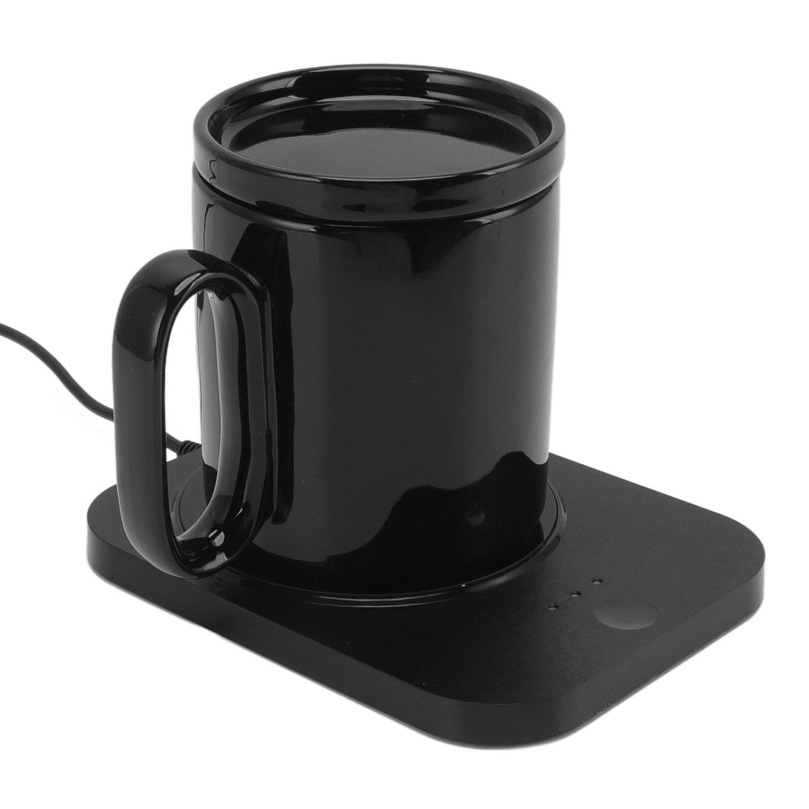 Smart Mug Warmer with 3-gear control, USB-powered heating coaster in black, keeping a milk cup warm. Ideal for home and office use.